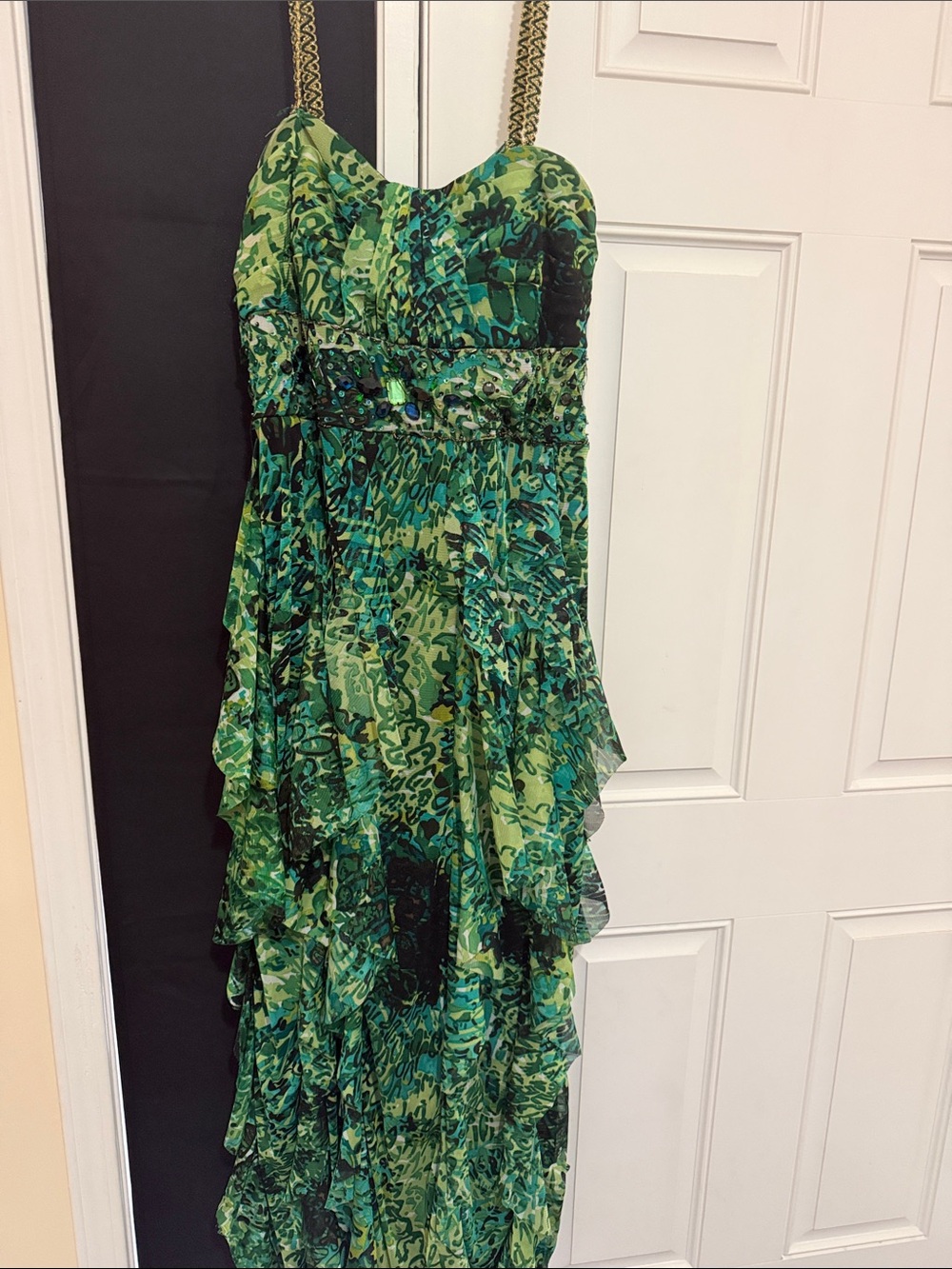 Deb Green Multi-Print Strapless Ruffled Gown